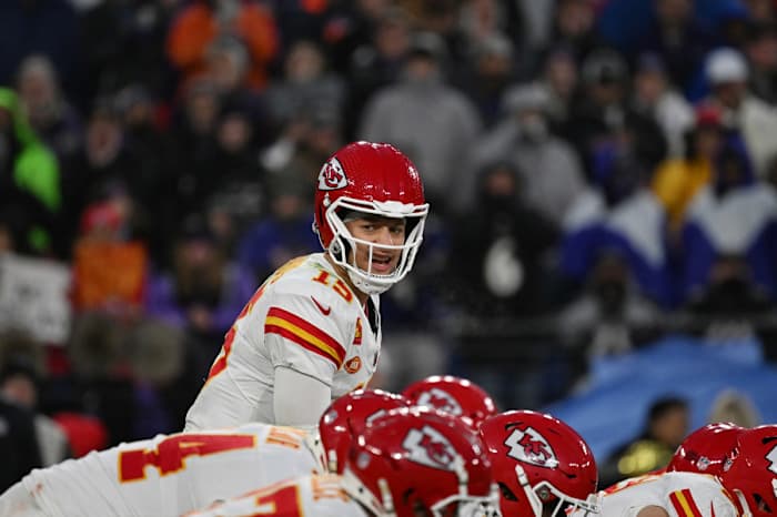Jan 28, 2024; Baltimore, Maryland, USA; Kansas City Chiefs quarterback Patrick Mahomes (15) prepares for a snap during the second half against the Baltimore Ravens in the AFC Championship football game at M&T Bank Stadium. Mandatory Credit: Tommy Gilligan-USA TODAY Sports